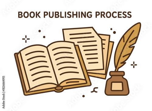 Book publishing process illustration with open book and quill ink pot