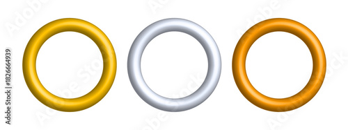 3D Gold, Silver and Copper Rings – Realistic Metallic Round Jewelry Set, Shiny Decorative Circle Elements, Luxury Metal Accessories Vector Illustration on White Background