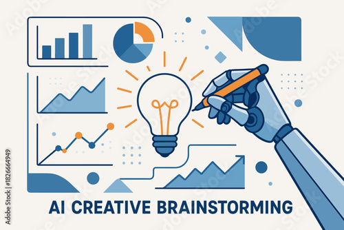 Robotic arm conducting ai creative brainstorming with data visualizations