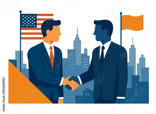 Business agreement between two men with city skyline and flags in background