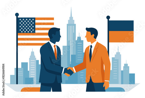 Diplomatic agreement between two officials with national flags