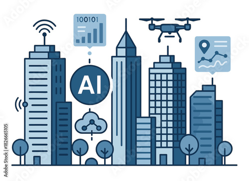Futuristic cityscape with ai integration and drones