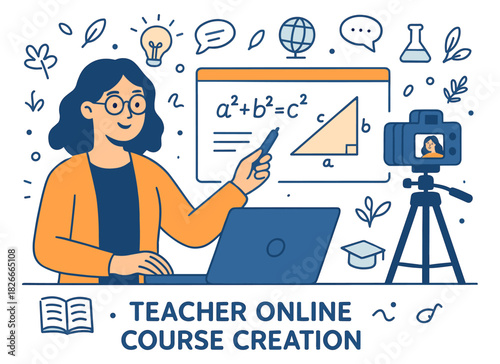 Female teacher creating online math course