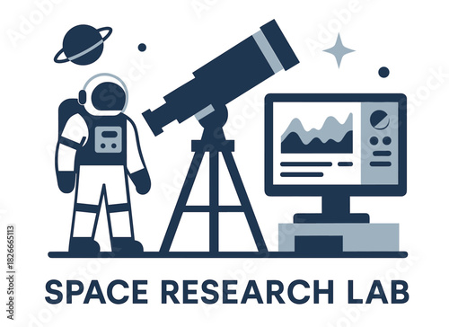 Space research lab with astronaut and telescope illustration