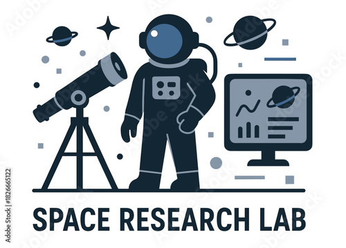 Space research lab concept with astronaut, telescope, planets, and computer display