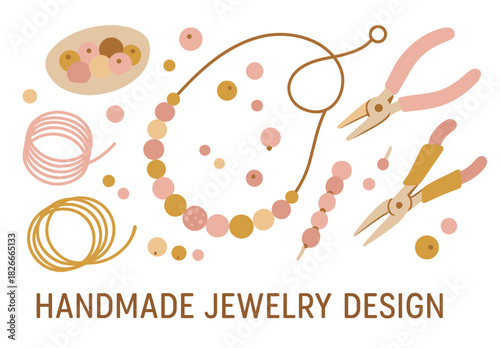 Artisanal jewelry crafting tools and beads in a minimalist design setting