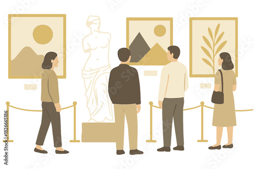 Art gallery visitors observing classical and modern artworks in neutral tones