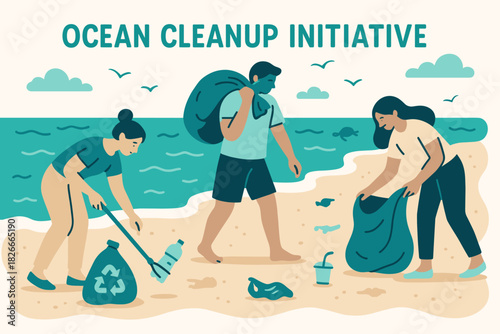 Beach cleanup volunteers collecting litter along the shoreline