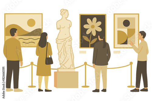 People admiring art in museum with paintings and sculpture