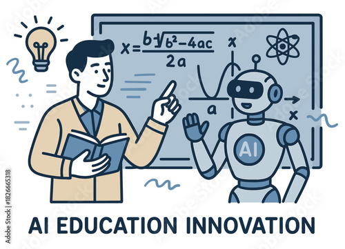 Male educator and ai robot discuss mathematics and innovation