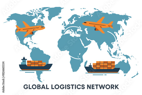 Global logistics network with airplanes and cargo ships on blue world map