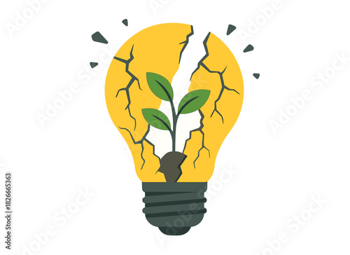 Cracked lightbulb with growing plant signifying innovation and renewal