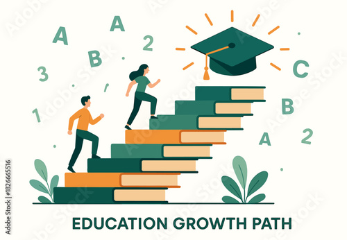 Educational journey: diverse young adults climbing book stairs to success