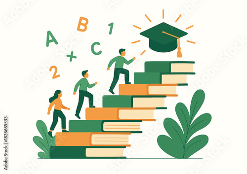 Steps to academic success: diverse students climb book staircase toward graduation cap