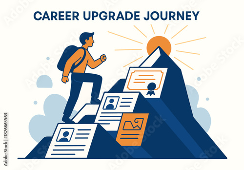 Career progression concept: person climbing steps with certifications toward success