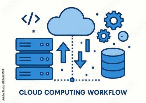 Cloud computing workflow diagram with servers and data processing elements