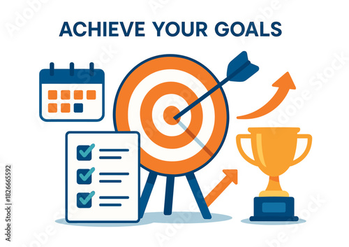 Achieve your goals: target, checklist, calendar, trophy illustration