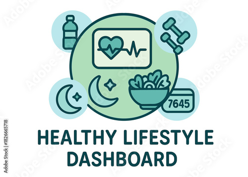 Healthy lifestyle icons: fitness, nutrition, hydration, sleep, wellness dashboard design
