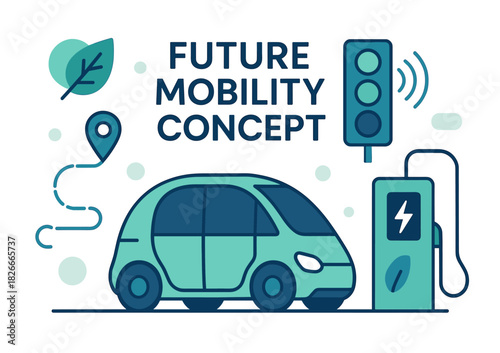 Eco-friendly future mobility concept with electric car and charging station illustration