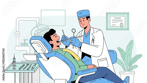 Professional Dentist Examining a Patient's Teeth in a Modern Clinic, Ensuring Dental Health with Tools, Equipment and Expertise in Oral Care.