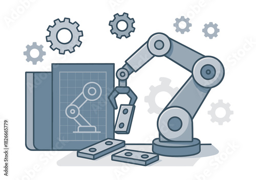 Robotic arm engineering with mechanical gears and blueprint design