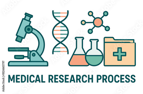 Medical research icons: microscope, dna, molecule, beakers, folder for scientific study