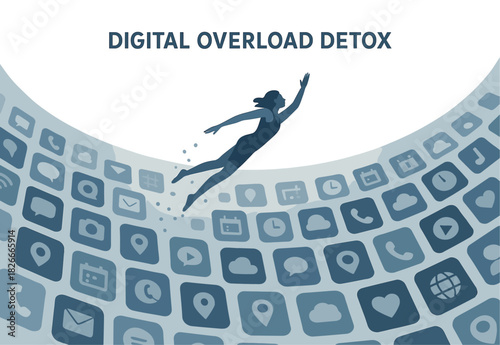Female escaping digital overload: detox from technology concept illustration