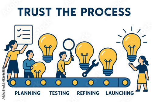 Illustration of a diverse team engaging in planning, testing, refining, and launching with cartoon light bulbs