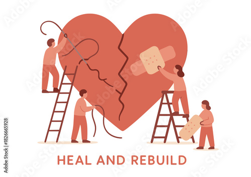 Diverse team repairing heart symbolizes healing and collaboration