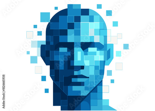 Futuristic blue pixelated human head with digital blocks