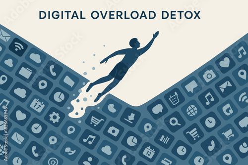 Digital detox illustration of person escaping app overload