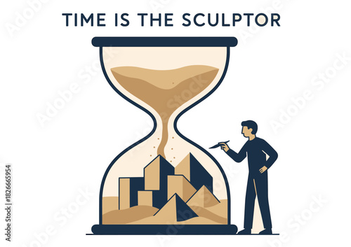 Male figure sculpting sand structures in hourglass representing time's impact on architecture