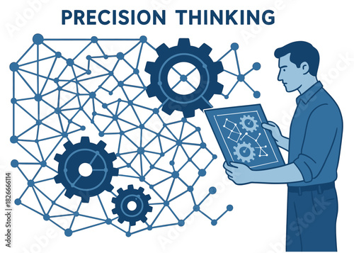 Male engineer engages with gears and network connections for precision thinking
