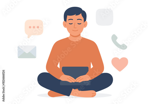 Asian young male using tablet for communication and meditation