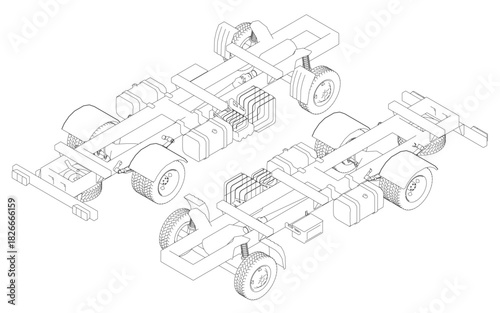 Semi truck and trailer contour drawing with chassis, axles, wheels, engine, and transmission components connected by wires and cables. Isometric view