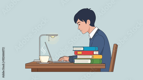 Illustration of a student studying online with a laptop, books, and a cup of coffee, portraying e-learning and remote education