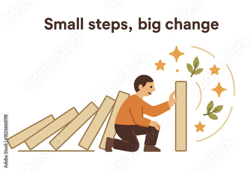 Motivational illustration of caucasian male creating big change from small steps