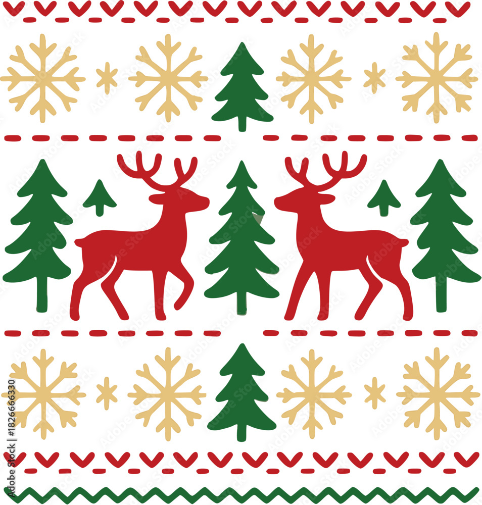 Naklejka premium Vector illustration of Festive Christmas Sweater Pattern with Reindeer and Snowflakes