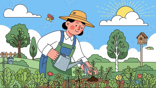 Happy woman watering plants in her organic garden, illustration of sustainable lifestyle and gardening activities for healthy food