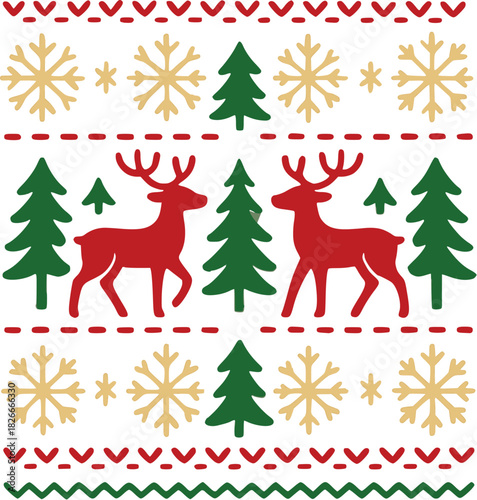 Vector illustration of  Festive Christmas Sweater Pattern with Reindeer and Snowflakes