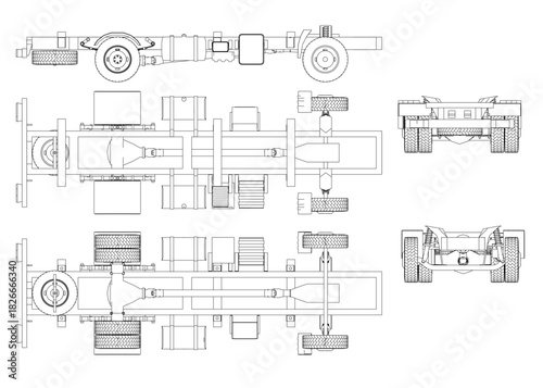 Semi truck with flatbed trailer chassis set in contour drawing style. The vehicle has a light blue trailer with white stripe, four axles, and detailed cable connections.