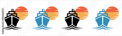 Cruise ship vacation icons with sunset backdrop evoke feelings of escape and adventure, perfect for travel agencies and promotional campaigns