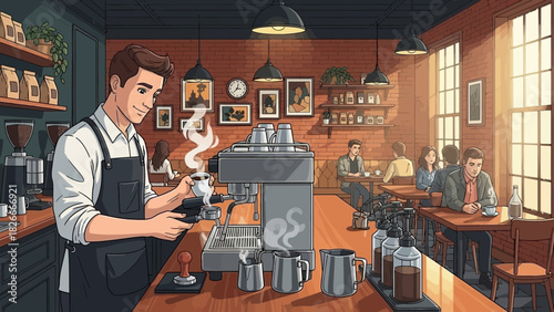 Busy Barista Preparing Coffee in a Cozy Cafe, Serving Customers and Creating a Warm, Inviting Atmosphere for People to Relax and Enjoy Their Time