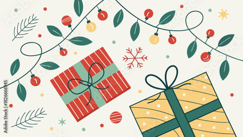 Festive christmas scene with gifts, string lights and decorations in a flat vector style