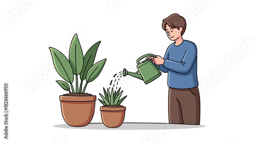 Person watering indoor potted plants with a green watering can, illustrating home gardening and plant care