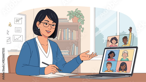 Woman leads a virtual meeting with colleagues on a laptop, showing a diverse team engaging in a video conference for remote work and online communication