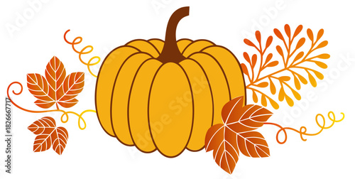 Fall Pumpkin with Leaves — Autumn Harvest Botanical Composition for Thanksgiving Decor