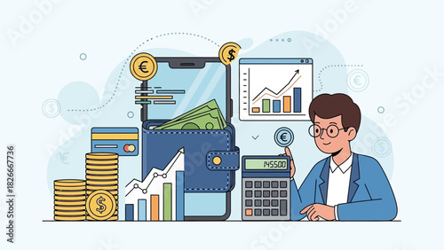 Man analyzing financial growth with calculator, wallet, money, credit card and smartphone for investment planning and wealth management on light blue background