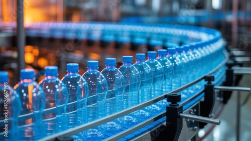 Transparent plastic water bottles with light blue caps, moving in a continuous line along a high-speed, blue conveyor belt in a modern beverage bottling plant.
