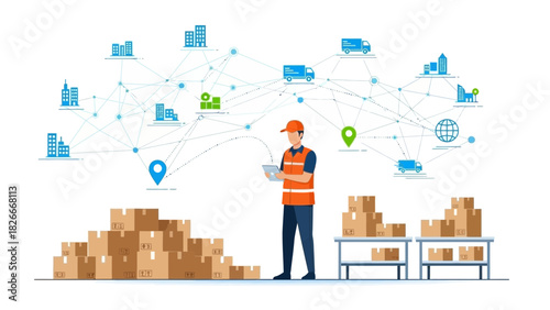 Delivery Man Using Tablet for Logistics and Distribution Network Tracking with Cardboard Boxes and Trucks for Shipping Concept